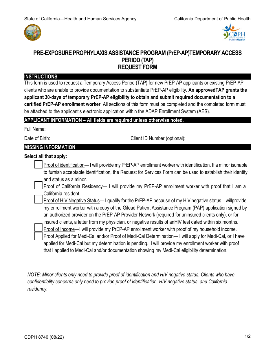 Form CDPH8740 Temporary Access Period (Tap) Request Form - Pre-exposure Prophylaxis Assistance Program (Prep-Ap) - California, Page 1
