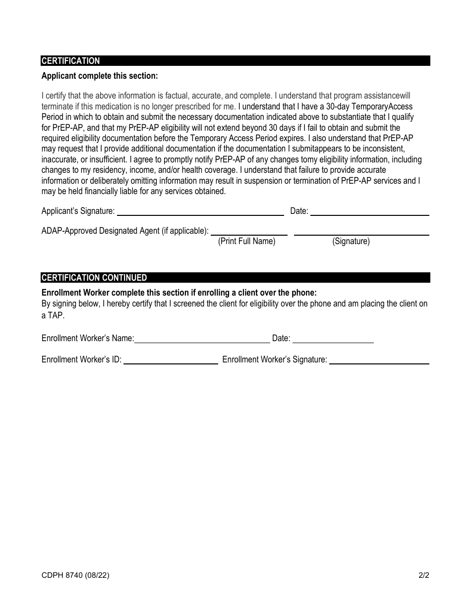 Form CDPH8740 Temporary Access Period (Tap) Request Form - Pre-exposure Prophylaxis Assistance Program (Prep-Ap) - California, Page 2