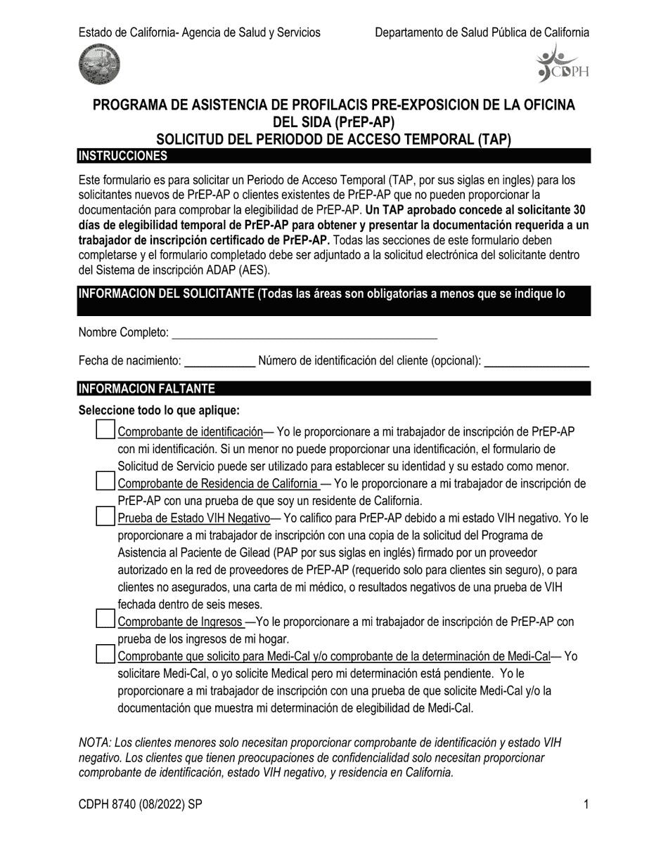 Formulario CDPH8740 SP Solicitud Del Periodod De Acceso Temporal (Tap) - Programa De Asistencia De Profilacis Pre-exposicion De La Oficina Del Sida (Prep-Ap) - California (Spanish), Page 1