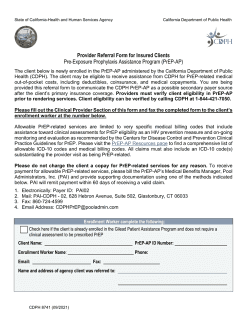 Form CDPH8741 Provider Referral Form for Insured Clients - Pre-exposure Prophylaxis Assistance Program (Prep-Ap) - California