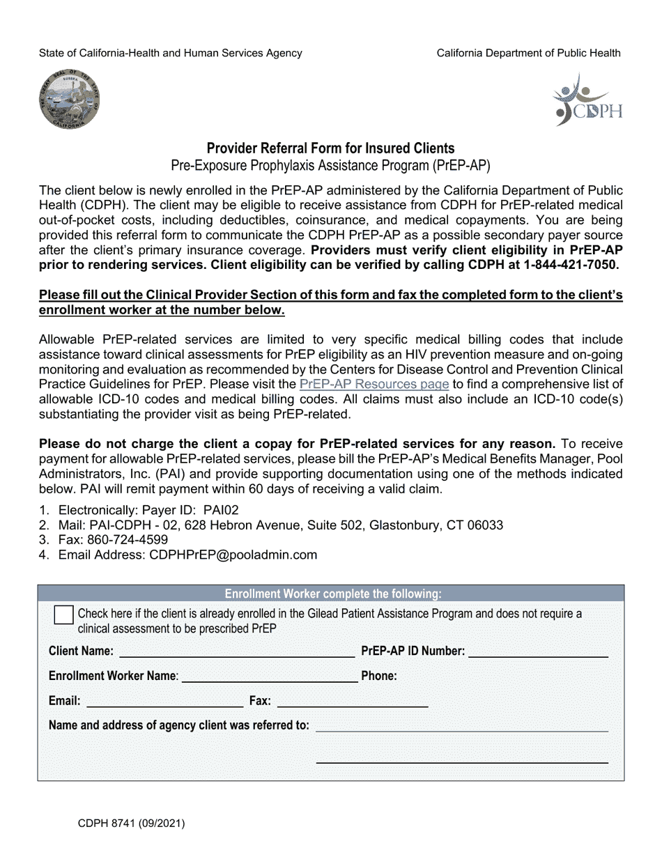 Form CDPH8741 Provider Referral Form for Insured Clients - Pre-exposure Prophylaxis Assistance Program (Prep-Ap) - California, Page 1
