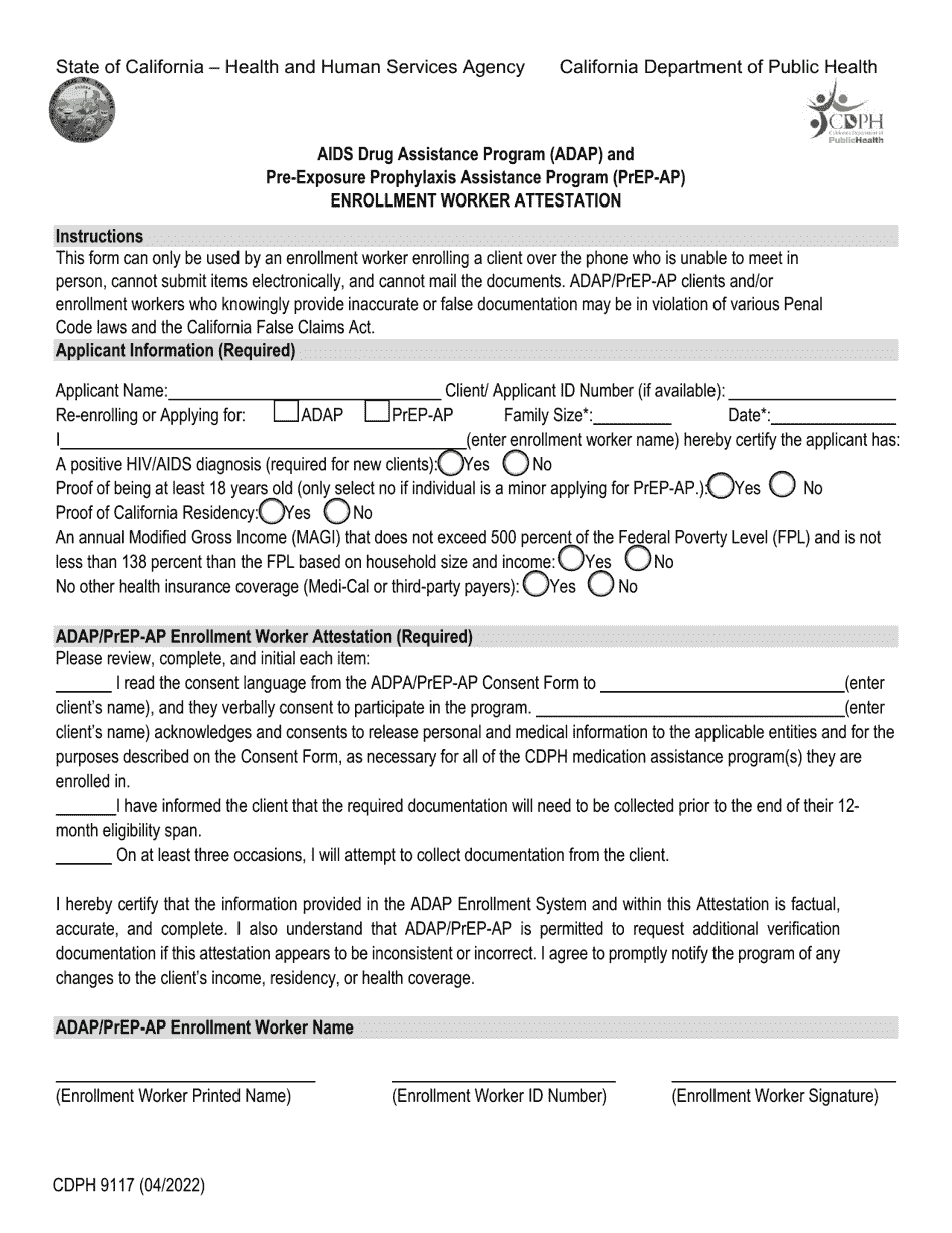 Form CDPH9117 Enrollment Worker Attestation - AIDS Drug Assistance Program (Adap) and Pre-exposure Prophylaxis Assistance Program (Prep-Ap) - California, Page 1