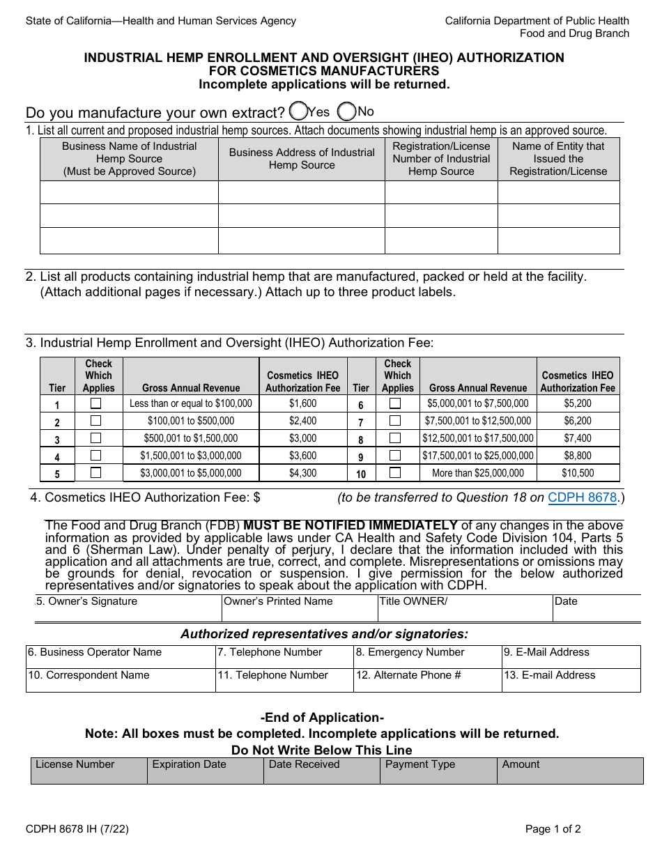 Form CDPH8678 IH Industrial Hemp Enrollment and Oversight (Iheo) Authorization for Cosmetics Manufacturers - California, Page 1