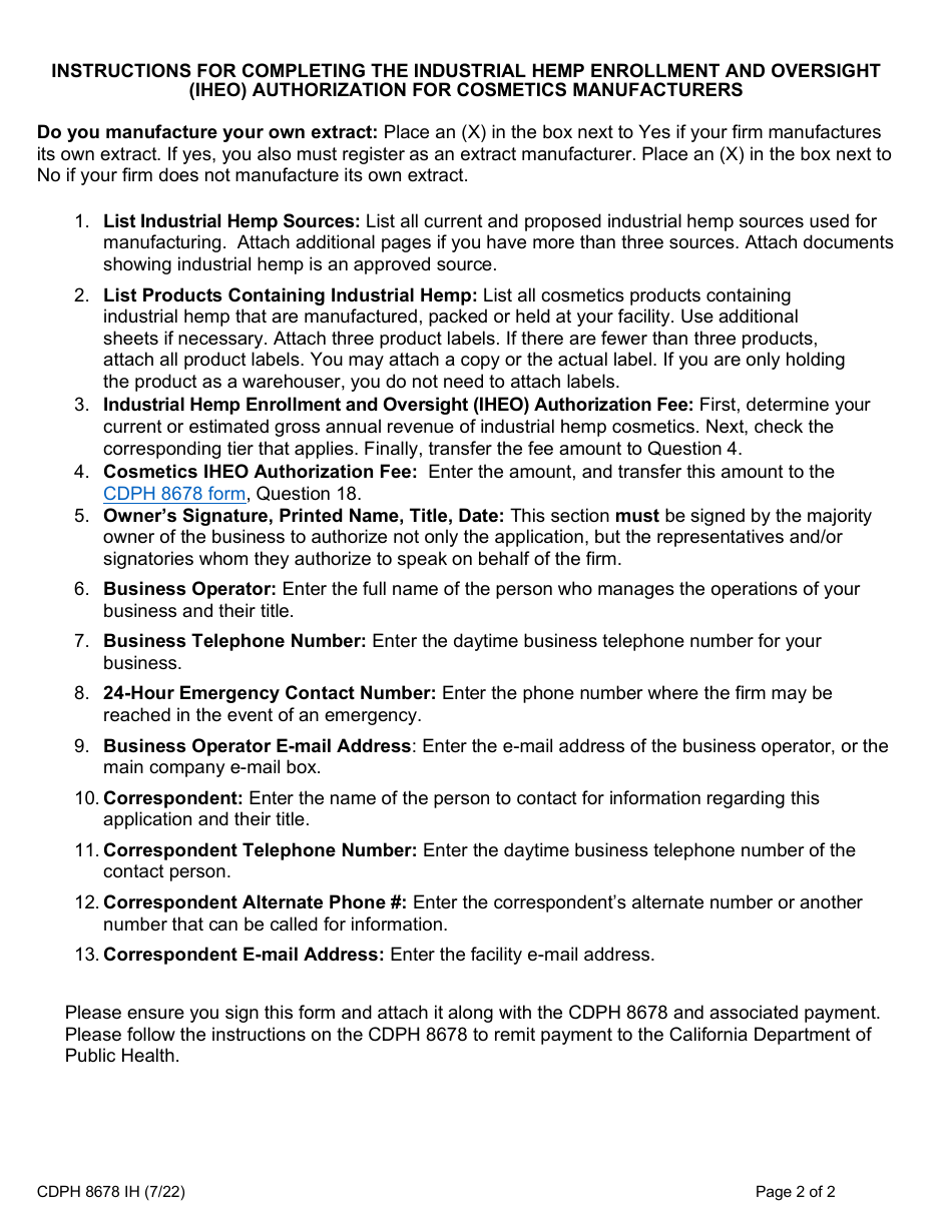Form CDPH8678 IH Industrial Hemp Enrollment and Oversight (Iheo) Authorization for Cosmetics Manufacturers - California, Page 2
