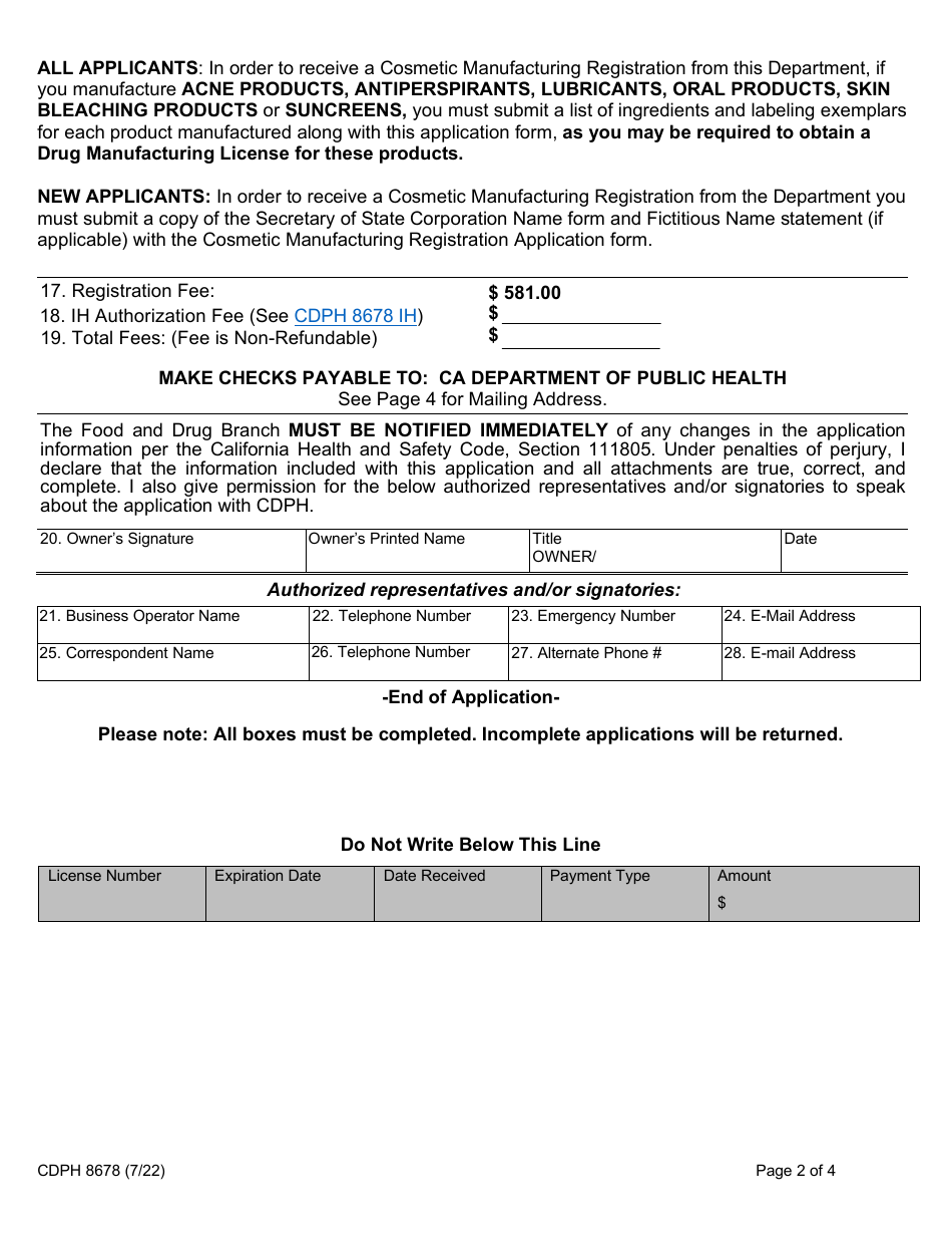 Form CDPH8678 Cosmetic Manufacturing Registration Application - California, Page 2
