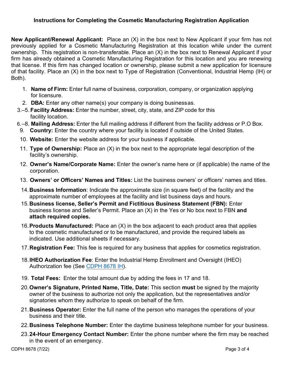 Form CDPH8678 Cosmetic Manufacturing Registration Application - California, Page 3