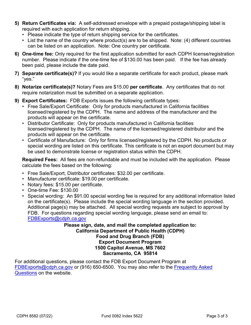 Form CDPH8582 Export Document Application - California, Page 3