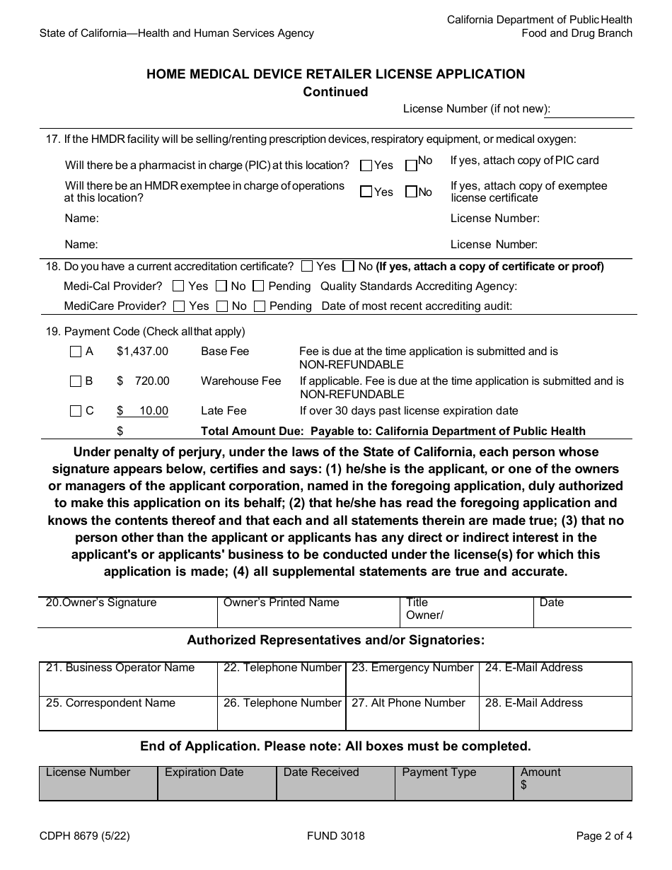 Form CDPH8679 Home Medical Device Retailer License Application - California, Page 2