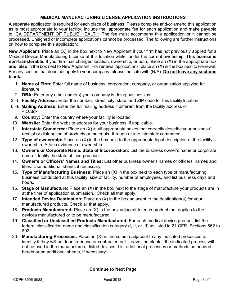 Form CDPH8596 Medical Device Manufacturing License Application - California, Page 3