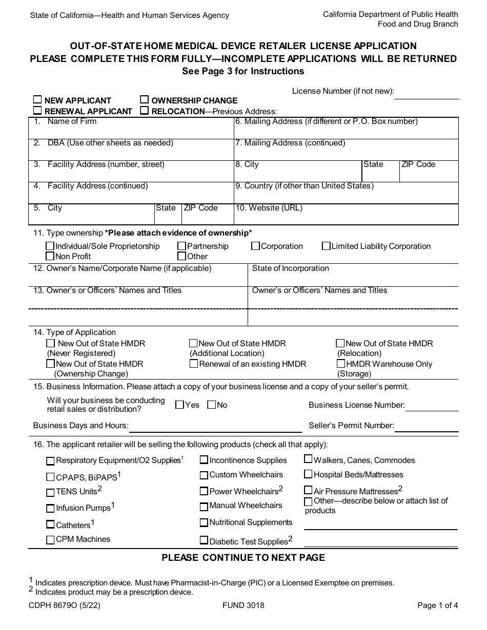 Form CDPH8679O Out-of-State Home Medical Device Retailer Registration Application - California, Page 1