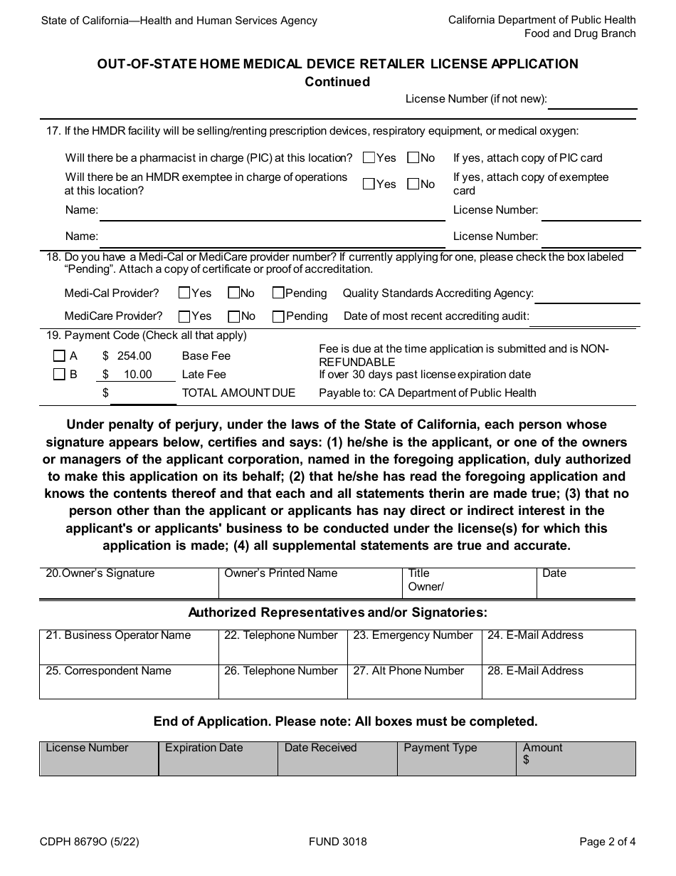 Form CDPH8679O Out-of-State Home Medical Device Retailer Registration Application - California, Page 2