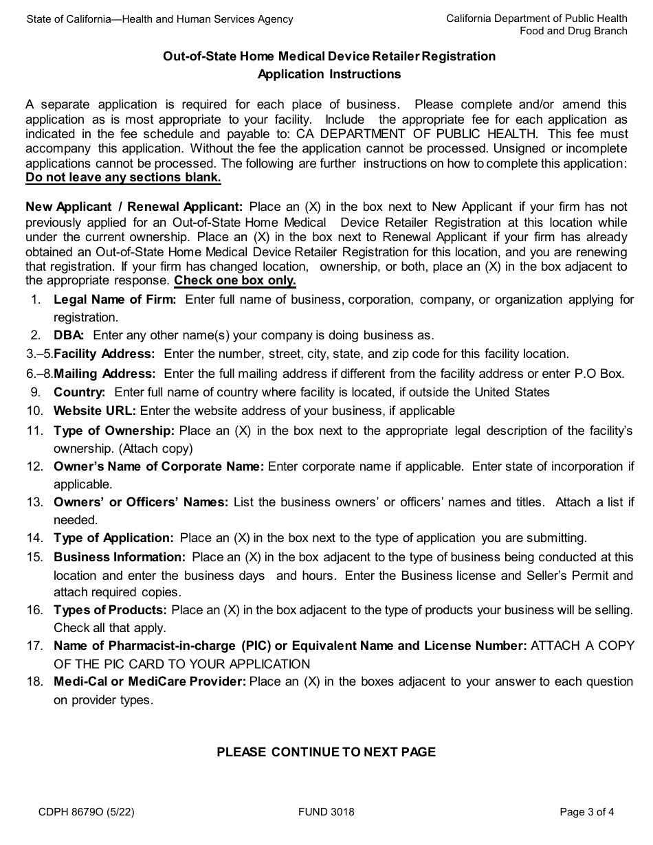 Form CDPH8679O Out-of-State Home Medical Device Retailer Registration Application - California, Page 3
