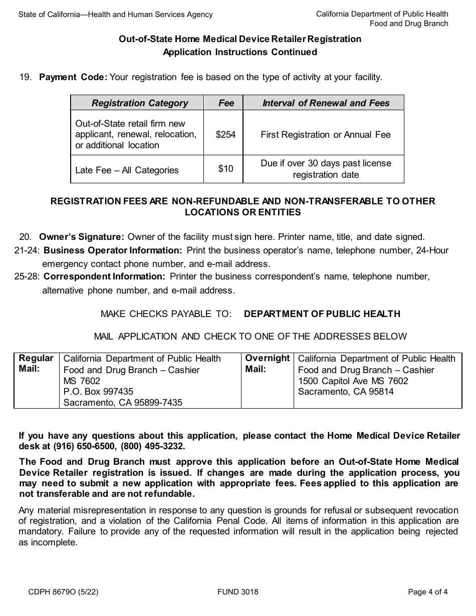 Form CDPH8679O Out-of-State Home Medical Device Retailer Registration Application - California, Page 4