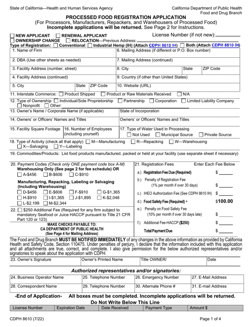 Form CDPH8610 Processed Food Registration Application - California