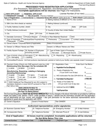 Form CDPH8610 Processed Food Registration Application - California