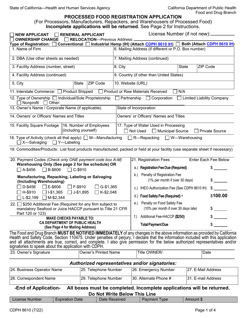 Form CDPH8610 Processed Food Registration Application - California, Page 1