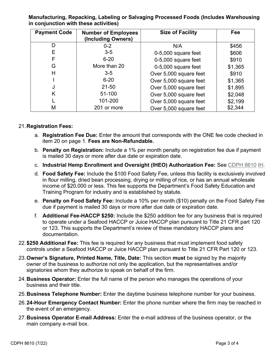 Form CDPH8610 Processed Food Registration Application - California, Page 3