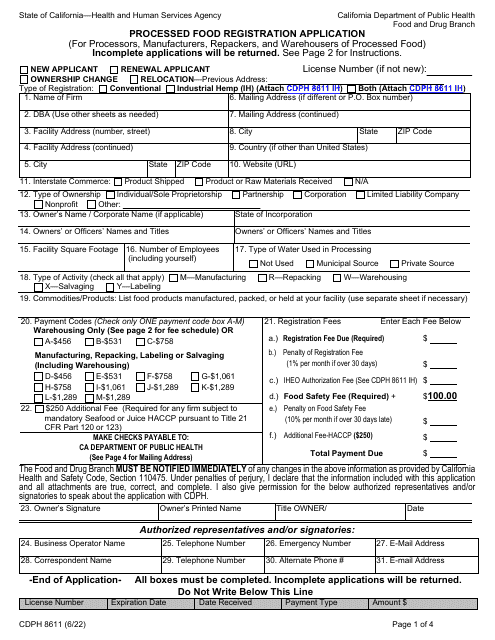 Form CDPH8611 Processed Food Registration Application - California