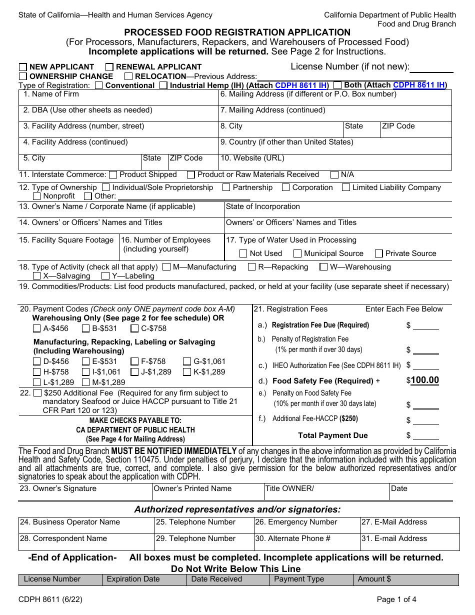 Form CDPH8611 Processed Food Registration Application - California, Page 1