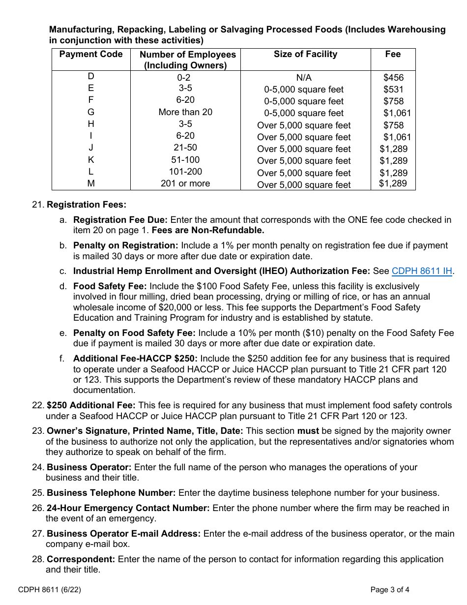 Form CDPH8611 Processed Food Registration Application - California, Page 3