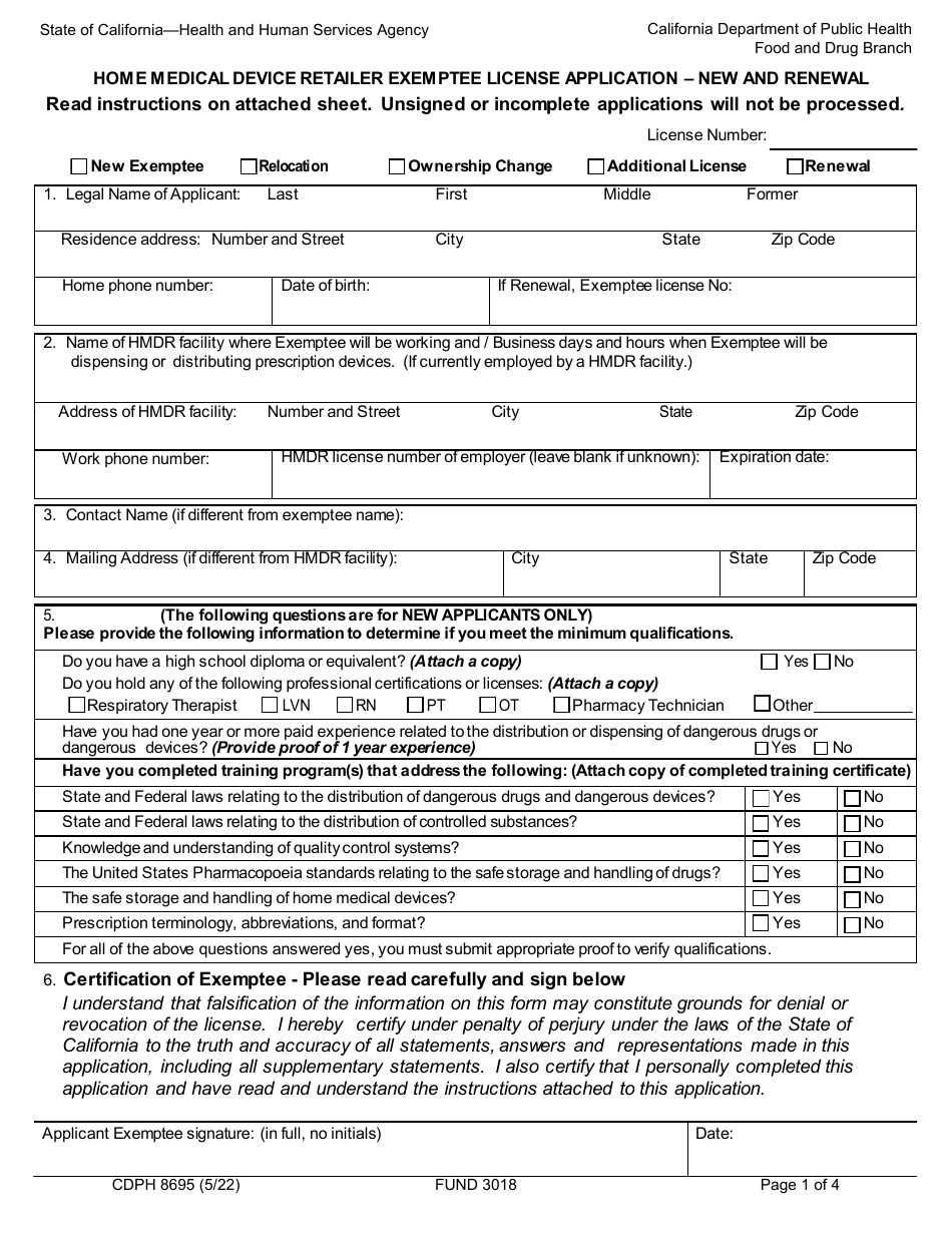 Form CDPH8695 Download Fillable PDF or Fill Online Home Medical Device ...