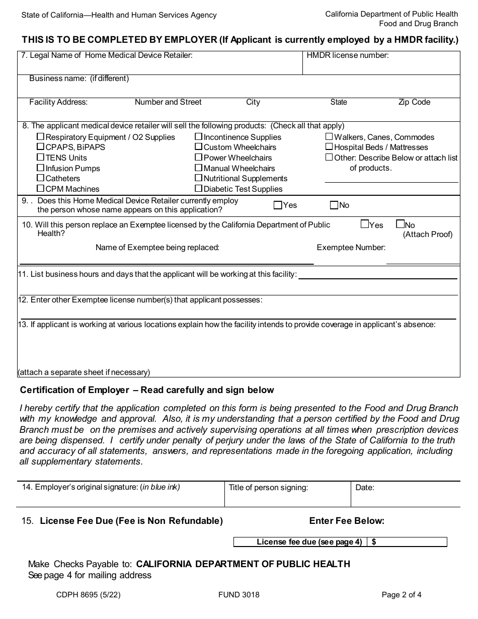 Form CDPH8695 Home Medical Device Retailer Exemptee License Application - New and Renewal - California, Page 2