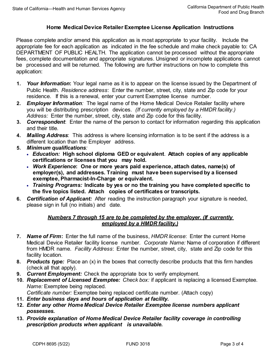 Form CDPH8695 Home Medical Device Retailer Exemptee License Application - New and Renewal - California, Page 3