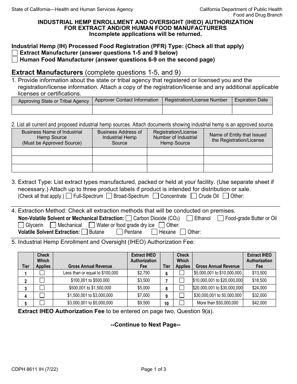 Form CDPH8611 IH Industrial Hemp Enrollment and Oversight (Iheo) Authorization for Extract and / or Human Food Manufacturers - California, Page 1