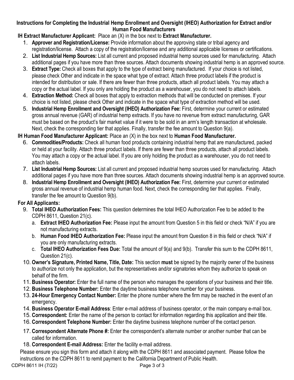 Form CDPH8611 IH Industrial Hemp Enrollment and Oversight (Iheo) Authorization for Extract and / or Human Food Manufacturers - California, Page 3