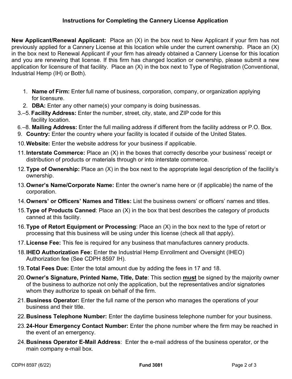 Form CDPH8597 Cannery License Application - California, Page 2