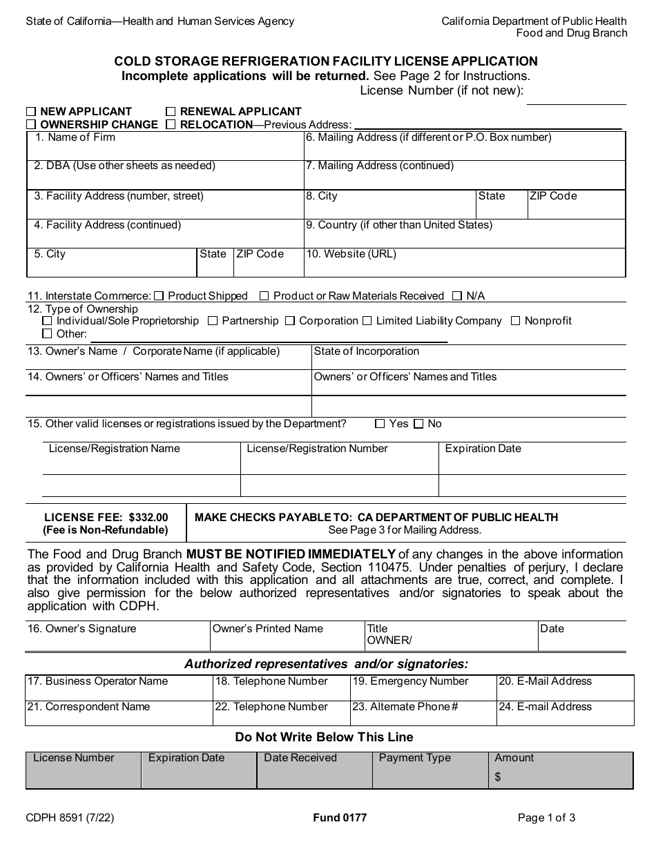 Form CDPH8591 Cold Storage Refrigeration Facility License Application - California, Page 1