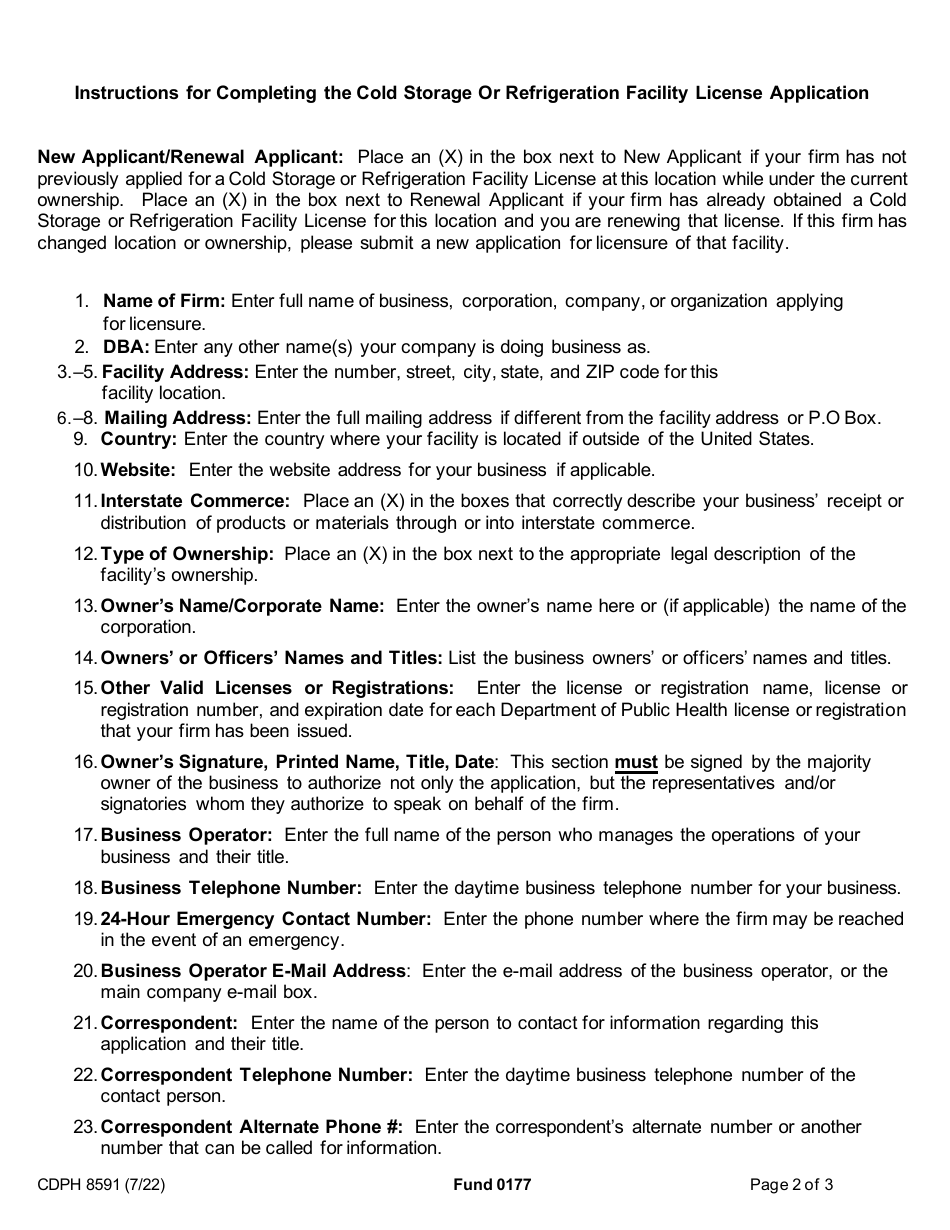 Form CDPH8591 Cold Storage Refrigeration Facility License Application - California, Page 2