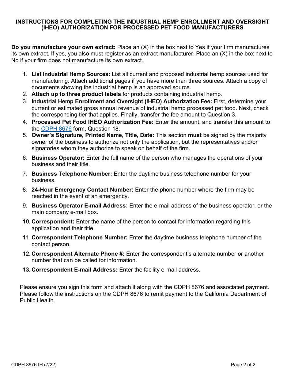 Form CDPH8676 IH Industrial Hemp Enrollment and Oversight (Iheo) Autorization for Processed Pet Food Manufacturers - California, Page 2