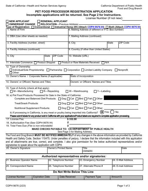Form CDPH8676 Pet Food Processor Registration Application - California