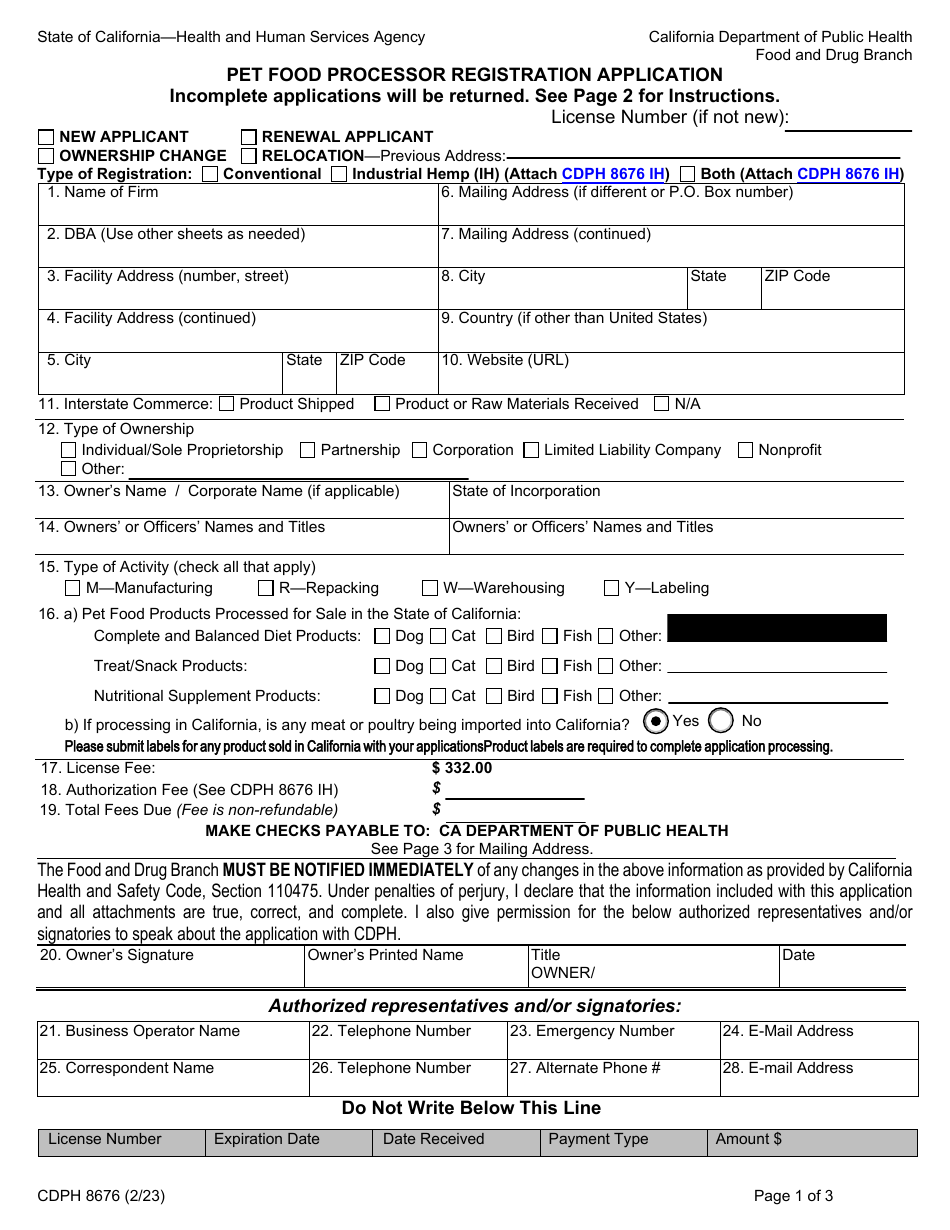 Form CDPH8676 Pet Food Processor Registration Application - California, Page 1