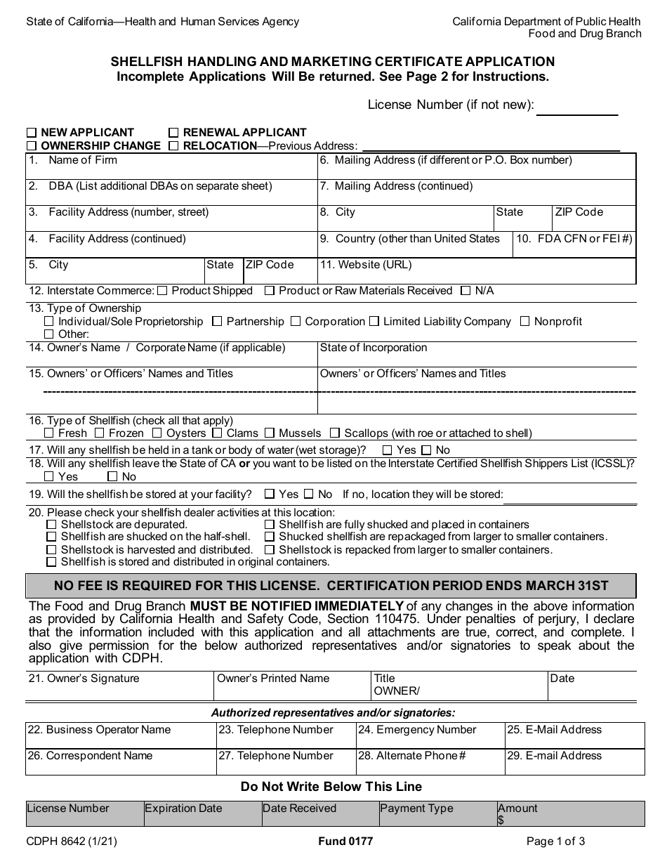 Form CDPH8642 Shellfish Handling and Marketing Certificate Application - California, Page 1