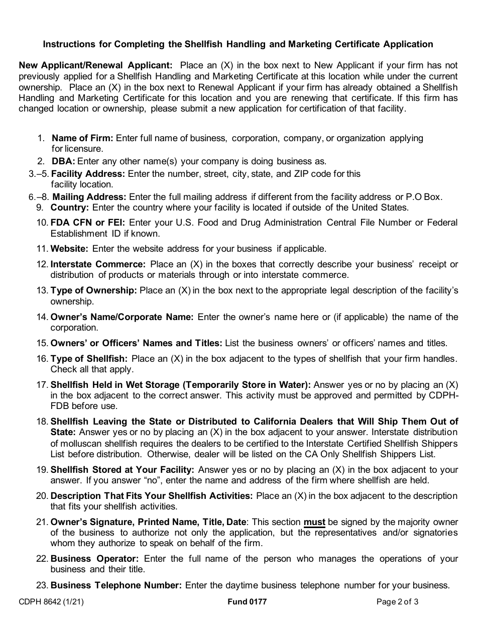 Form CDPH8642 Shellfish Handling and Marketing Certificate Application - California, Page 2