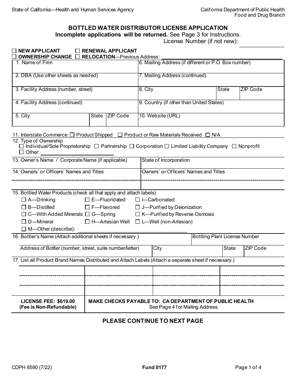 Form CDPH8590 Bottled Water Distributor License Application - California, Page 1
