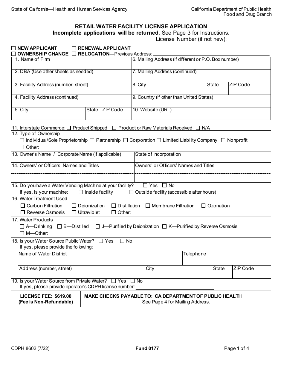 Form CDPH8602 Download Fillable PDF or Fill Online Retail Water ...