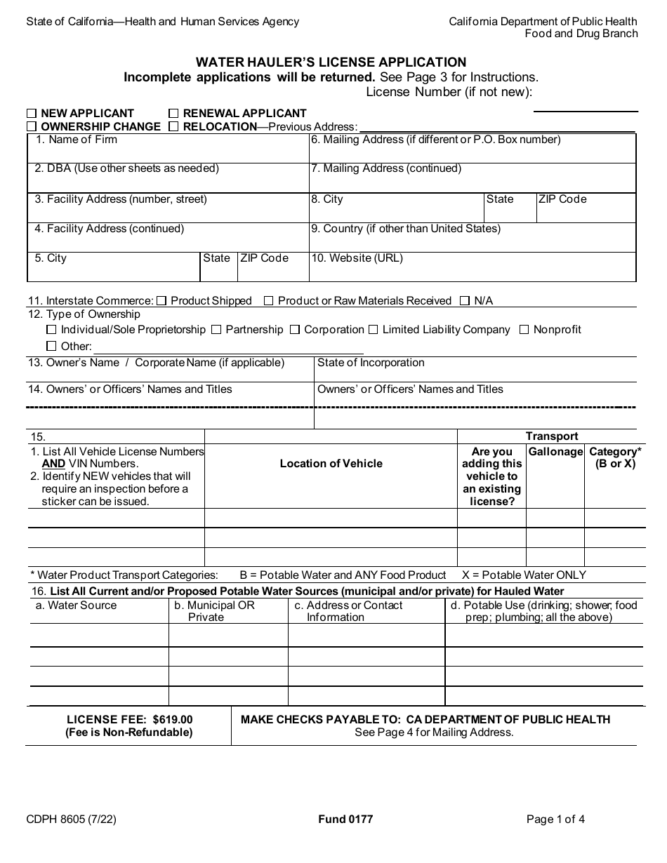 Form CDPH8605 Download Fillable PDF or Fill Online Water Hauler's ...