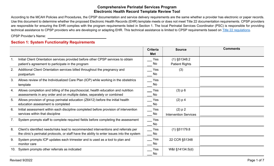 Electronic Health Record Template Review Tool - Comprehensive Perinatal Services Program - California, Page 1