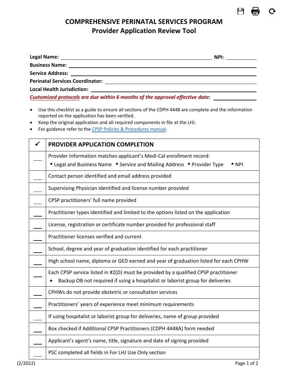 Provider Application Review Tool -comprehensive Perinatal Services Program - California, Page 1