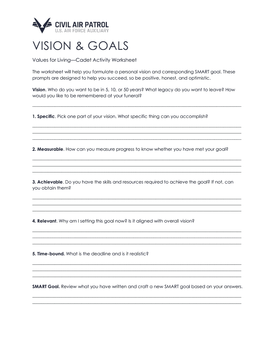 Vision and Goals Worksheet, Page 1