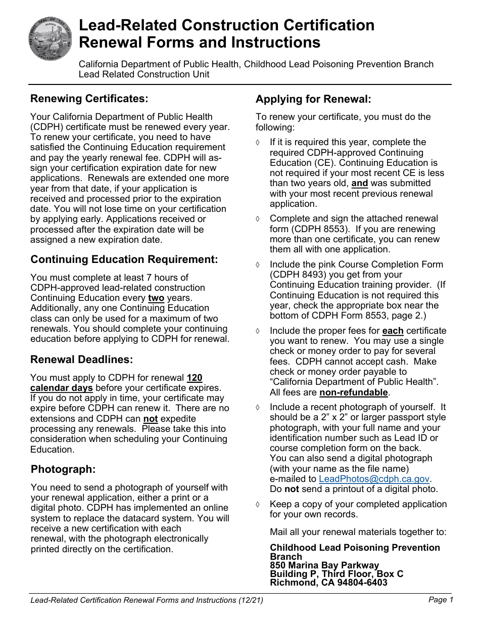 Form CDPH8553 Lead Certification Renewal - California, Page 1