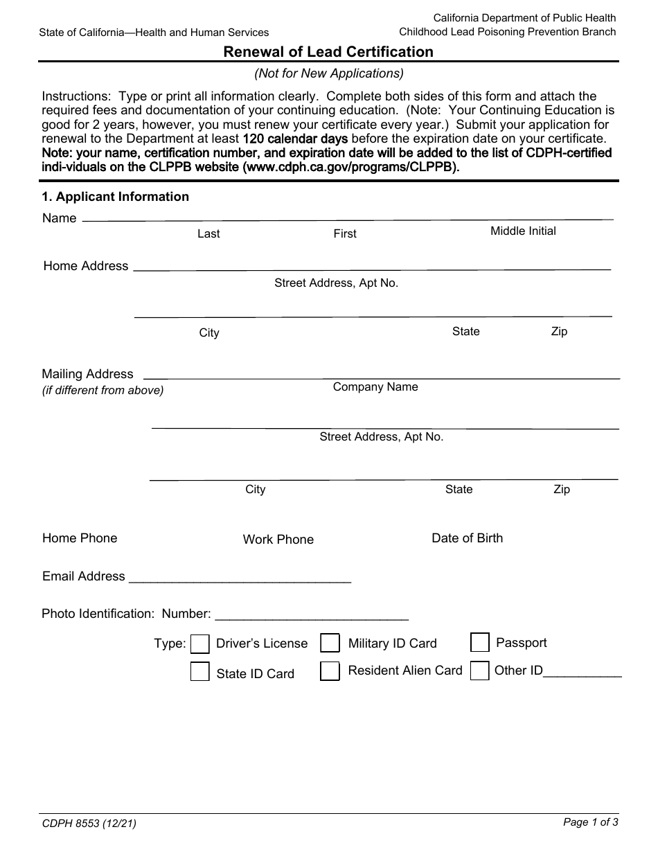 Form CDPH8553 Download Fillable PDF or Fill Online Lead Certification Form CDPH8553 Download Fillable PDF or Fill Online Lead Certification