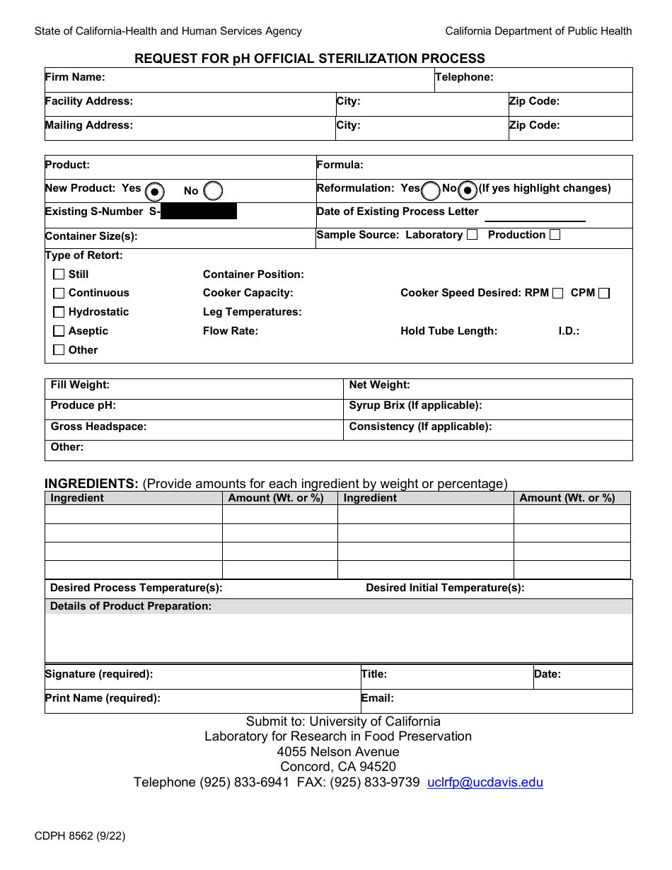 Form CDPH8562 Request for Ph Official Sterilization Process - California, Page 1