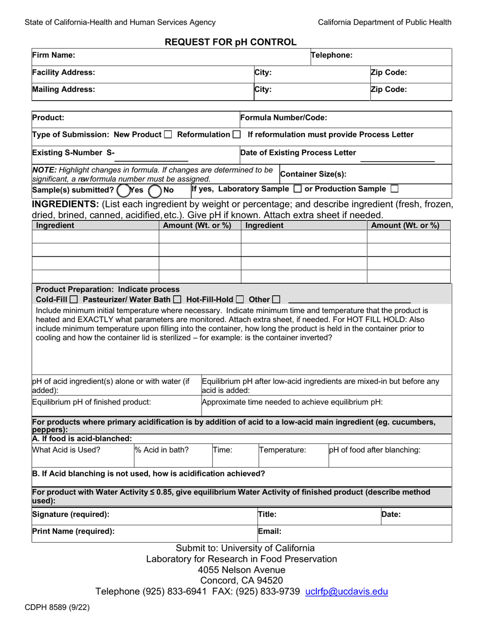 Form CDPH8589 Request for Ph Control - California, Page 1