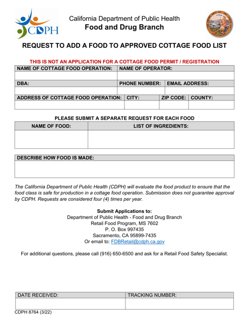 Form CDPH8764 Request to Add a Food to Approved Cottage Food List - California