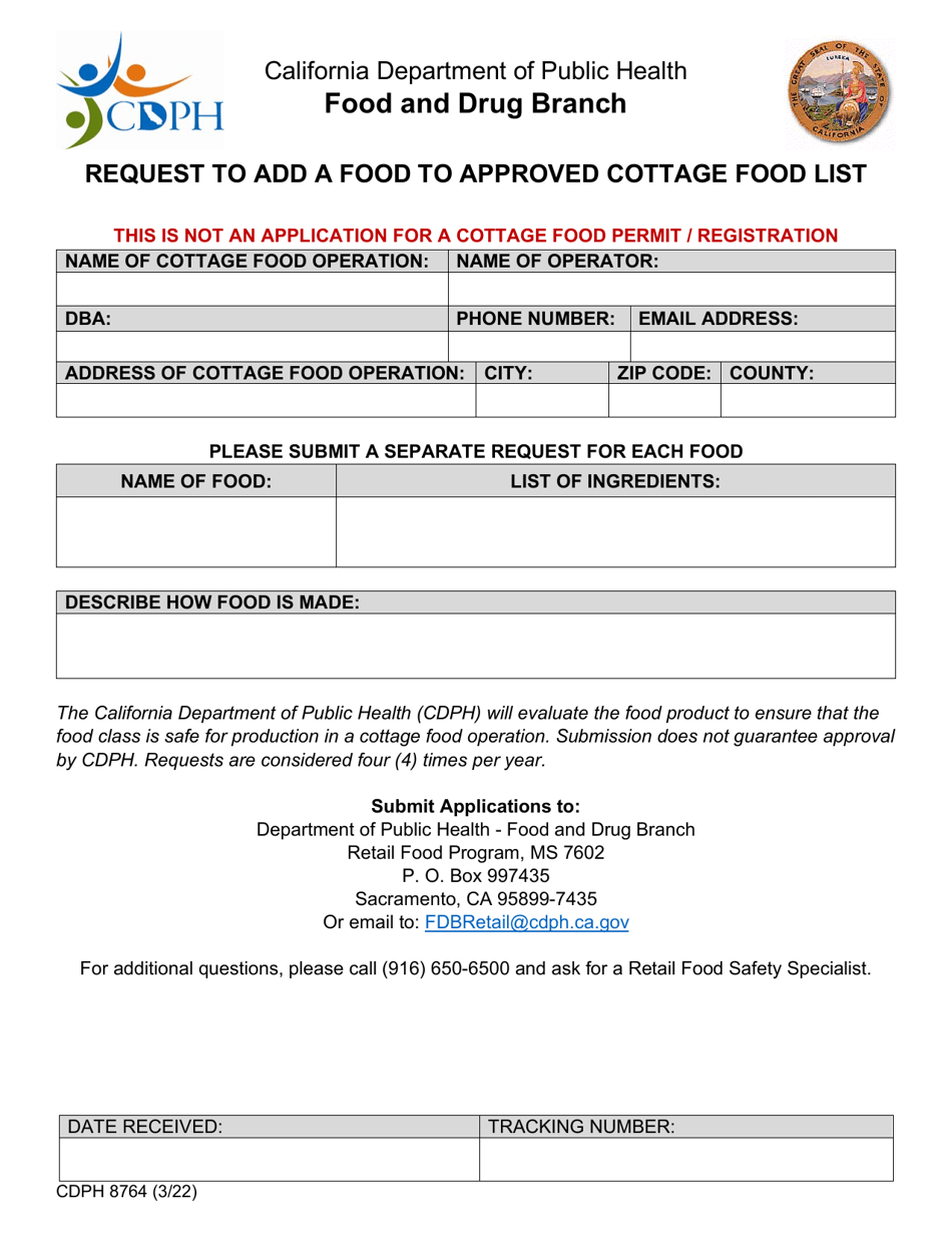 Form CDPH8764 Request to Add a Food to Approved Cottage Food List - California, Page 1