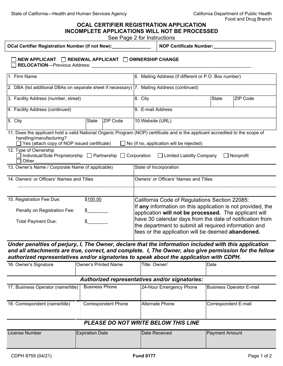 Form CDPH8759 Ocal Certifier Registration Application - California, Page 1